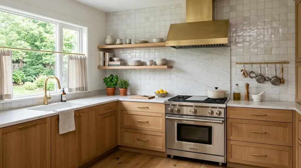 Ultra-realistic lifestyle interior photography, wide-angle 4:3 composition of a bright modern kitchen showcasing an elegant full-height backsplash as the hero feature. The kitchen combines several timeless backsplash inspirations including subtle marble-look slab behind the range, handcrafted zellige texture on a secondary wall, warm oak cabinetry, white quartz countertops, brass hardware, floating wood shelves with minimal ceramic decor, fresh herbs, neatly made, beautifully arranged, organized, clean, bright natural light pouring through large side windows, sunlight naturally highlighting the backsplash textures and creating soft realistic shadows, vibrant yet natural colors, premium Pinterest-ready home interior, lived-in but immaculate, authentic residential house, highly detailed DSLR photography, editorial interior design magazine style, no people, no text, no watermark, no CGI, no 3D render.