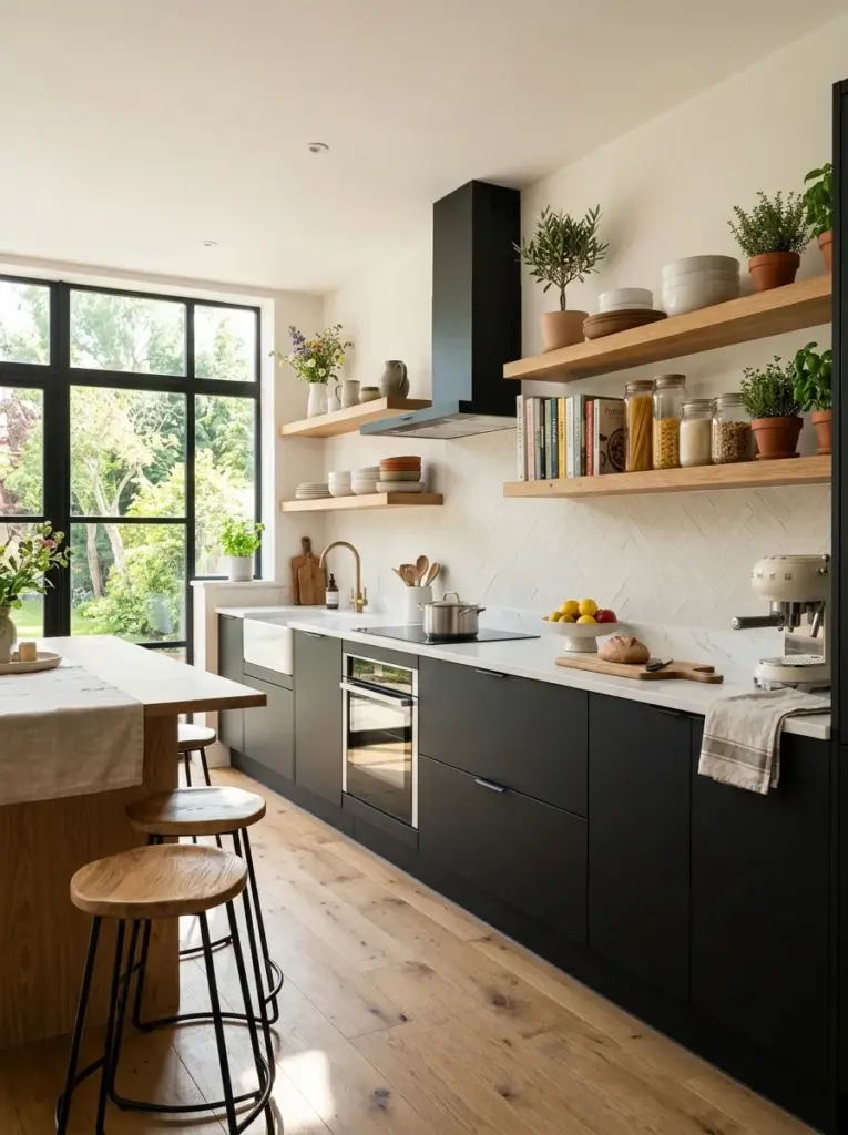 Ultra-realistic lifestyle photography of a modern family kitchen with matte black cabinets, warm natural oak floating shelves, oak stools, subtle wood grain details, neatly made, beautifully arranged, organized, clean, bright natural light entering from large side windows, sunlight highlighting wood texture, vibrant colors, lived-in but spotless, premium home interior photography, Pinterest aesthetic, DSLR, ultra sharp, no people, not a 3D render.