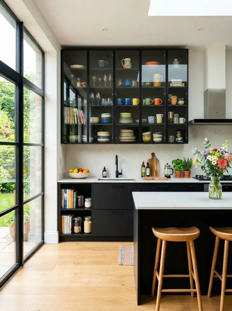 Beautiful real-life black kitchen with matte black lower cabinets and full-height glass display cabinets, neatly made, beautifully arranged, organized, clean, bright natural light entering from expansive windows, colorful ceramics displayed neatly, vibrant colors, Pinterest-ready interior photography, highly detailed DSLR image, realistic home environment.