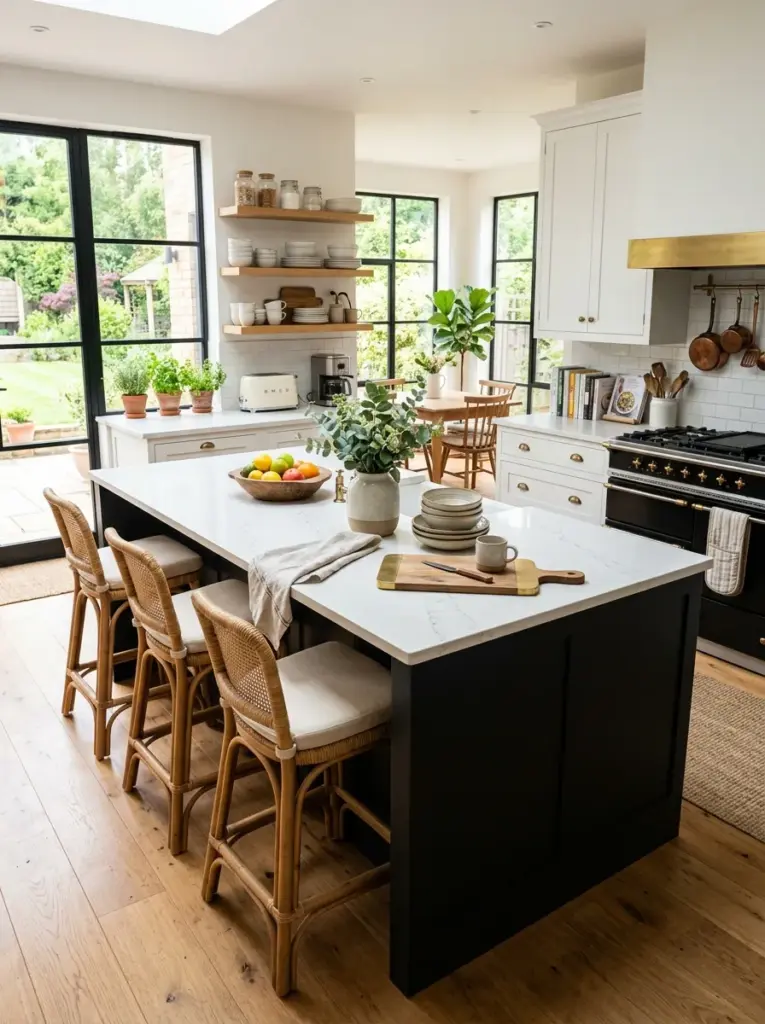 Ultra-realistic family kitchen featuring a large matte black kitchen island with comfortable bar stools, white quartz countertop, neatly made, beautifully arranged, organized, clean, bright natural light reaching both sides of the island from large surrounding windows, vibrant colors, authentic lived-in home, Pinterest-ready, DSLR photography, no people, not a 3D render.