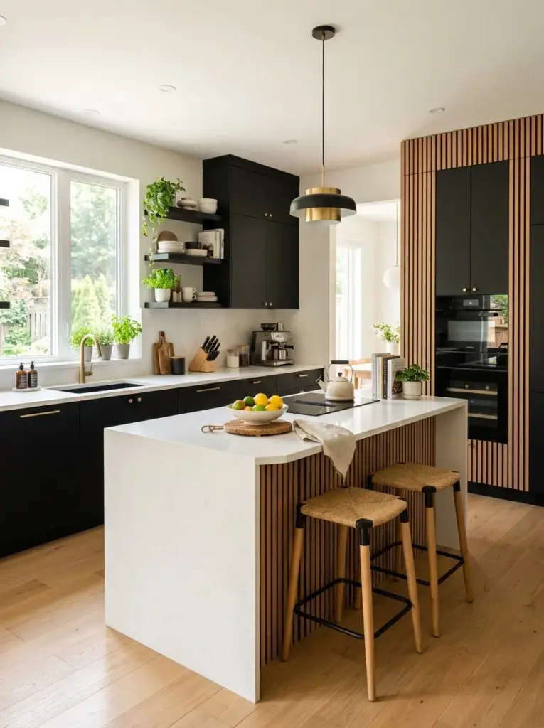 Real-life modern black kitchen with matte black cabinets and vertical oak wood slat accents on the island and pantry wall, neatly made, beautifully arranged, organized, clean, bright natural light flowing across textured wood surfaces, vibrant colors, Pinterest aesthetic, premium residential photography, ultra realistic, DSLR quality.