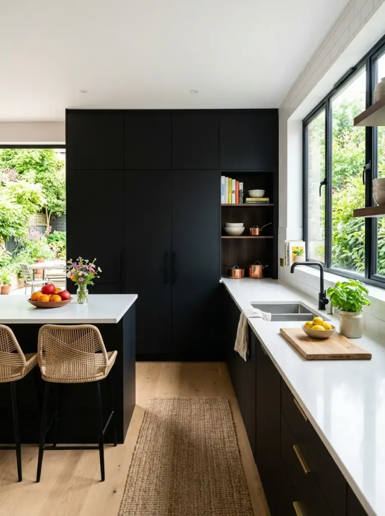 Authentic black kitchen with floor-to-ceiling matte black pantry cabinets hiding appliances, clutter-free countertops, neatly made, beautifully arranged, organized, clean, bright natural light entering through wide windows, vibrant colors, realistic home interior photography, Pinterest-ready, highly detailed stock photo.