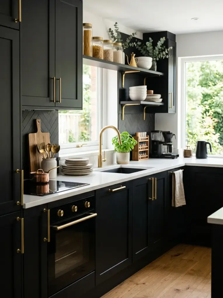 Luxury everyday black kitchen with matte black cabinets, elegant brushed brass hardware and faucet, neatly made, beautifully arranged, organized, clean, bright natural light reflecting softly from brass finishes, vibrant colors, realistic lifestyle interior photography, Pinterest-ready, DSLR quality, no CGI.