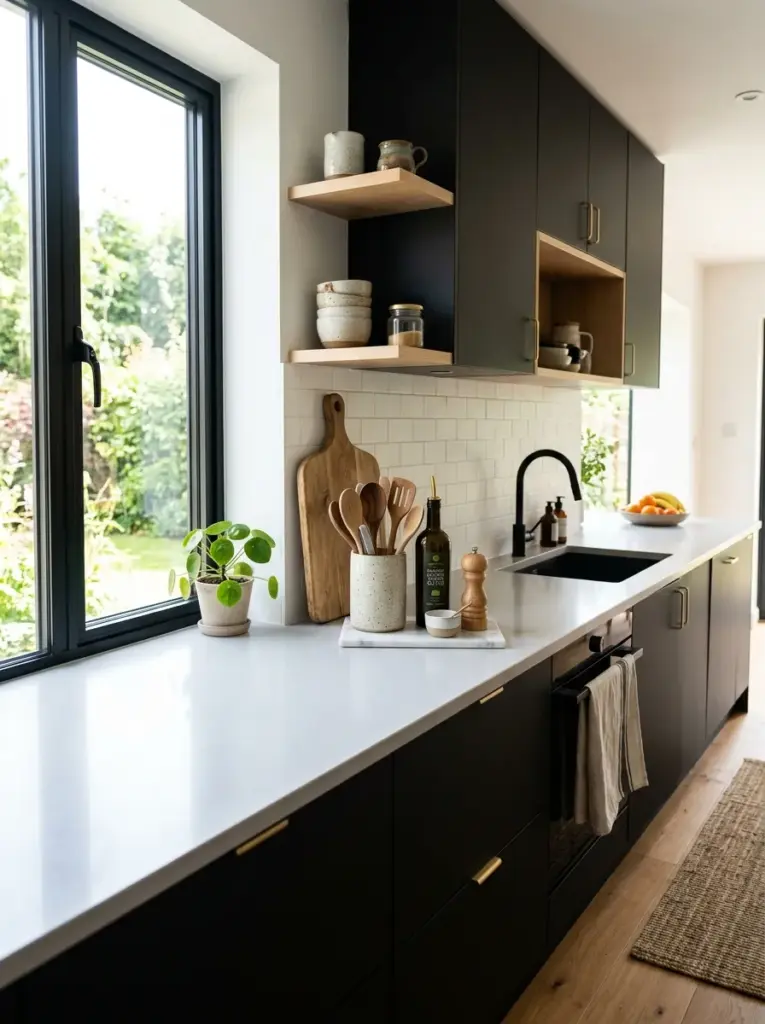 Bright real-life black kitchen with uncluttered countertops, matte black cabinets, simple wooden cutting board, ceramic utensil holder, olive oil bottle, neatly made, beautifully arranged, organized, clean, bright natural light illuminating clear work surfaces from large windows, vibrant colors, Pinterest-ready home photography, ultra realistic.
