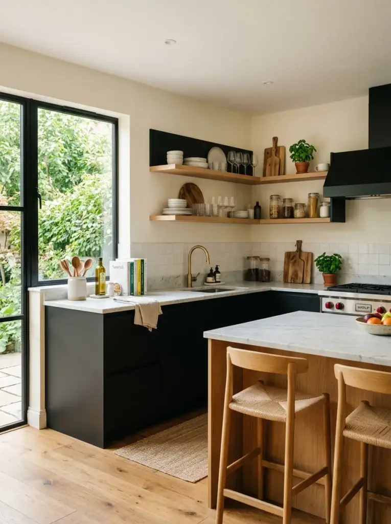 Ultra-realistic residential kitchen with matte black cabinets, soft cream painted walls, subtle oak accents, neatly made, beautifully arranged, organized, clean, bright natural light reflecting from cream walls onto black cabinetry through large side windows, vibrant colors, cozy modern family home, Pinterest-ready lifestyle photography, DSLR quality, highly detailed, not a 3D render.