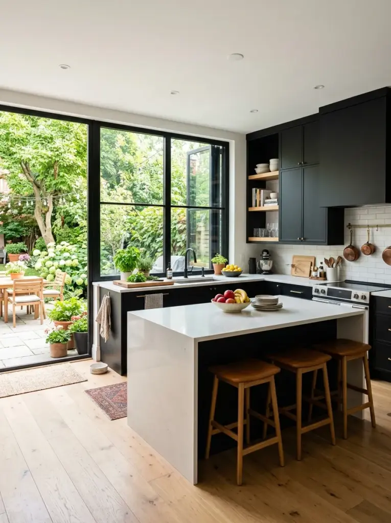 Real-life modern black kitchen with matte black cabinets and large black-framed glass patio doors opening to a lush backyard, neatly made, beautifully arranged, organized, clean, bright natural light pouring through full-height glass doors, vibrant colors, realistic home photography, Pinterest-ready, premium DSLR interior photo, inviting everyday family home, not CGI.