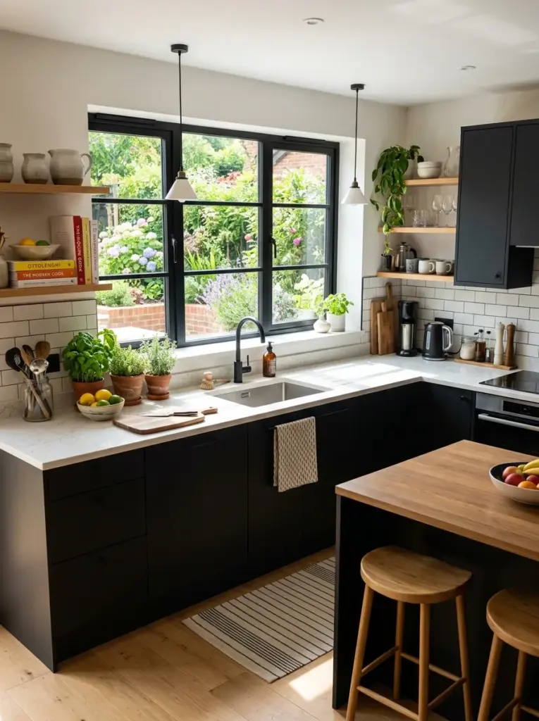 Real-life contemporary black kitchen with sink directly below a wide window, matte black cabinetry, sunlight flowing across countertops, neatly made, beautifully arranged, organized, clean, bright natural light, window positioned as the dominant lighting source, vibrant colors, realistic home photography, inviting family kitchen, Pinterest-ready, ultra detailed, DSLR quality, not CGI.