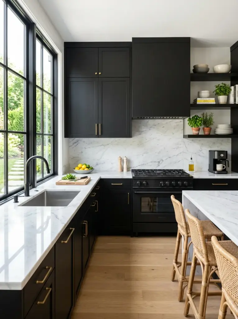 Luxury everyday kitchen featuring matte black cabinets with white marble countertops and matching marble backsplash, neatly made, beautifully arranged, organized, clean, bright natural light from tall windows reflecting across marble surfaces, vibrant colors, authentic residential interior photography, Pinterest inspiration, crisp realistic details, no people, stock photo style.