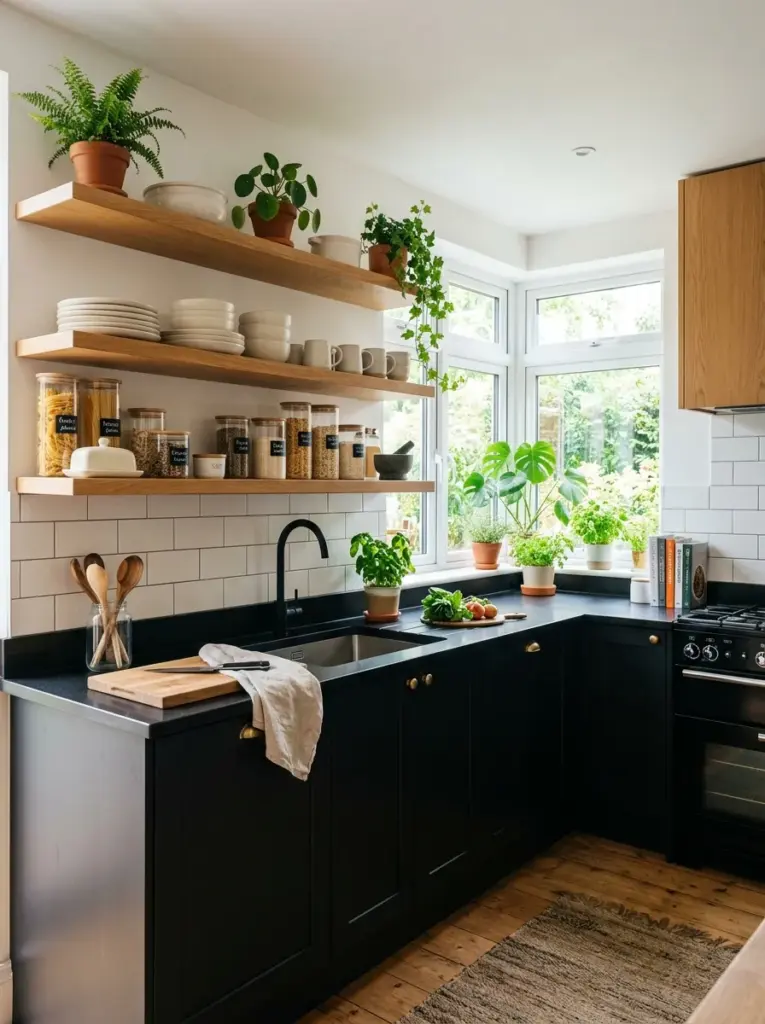 Stylish black kitchen with upper open oak shelves replacing several wall cabinets, simple ceramic dishes, clear storage jars, small green plants, neatly made, beautifully arranged, organized, clean, bright natural light entering from corner windows, vibrant colors, real home photography, Pinterest-ready interior, highly realistic, DSLR.