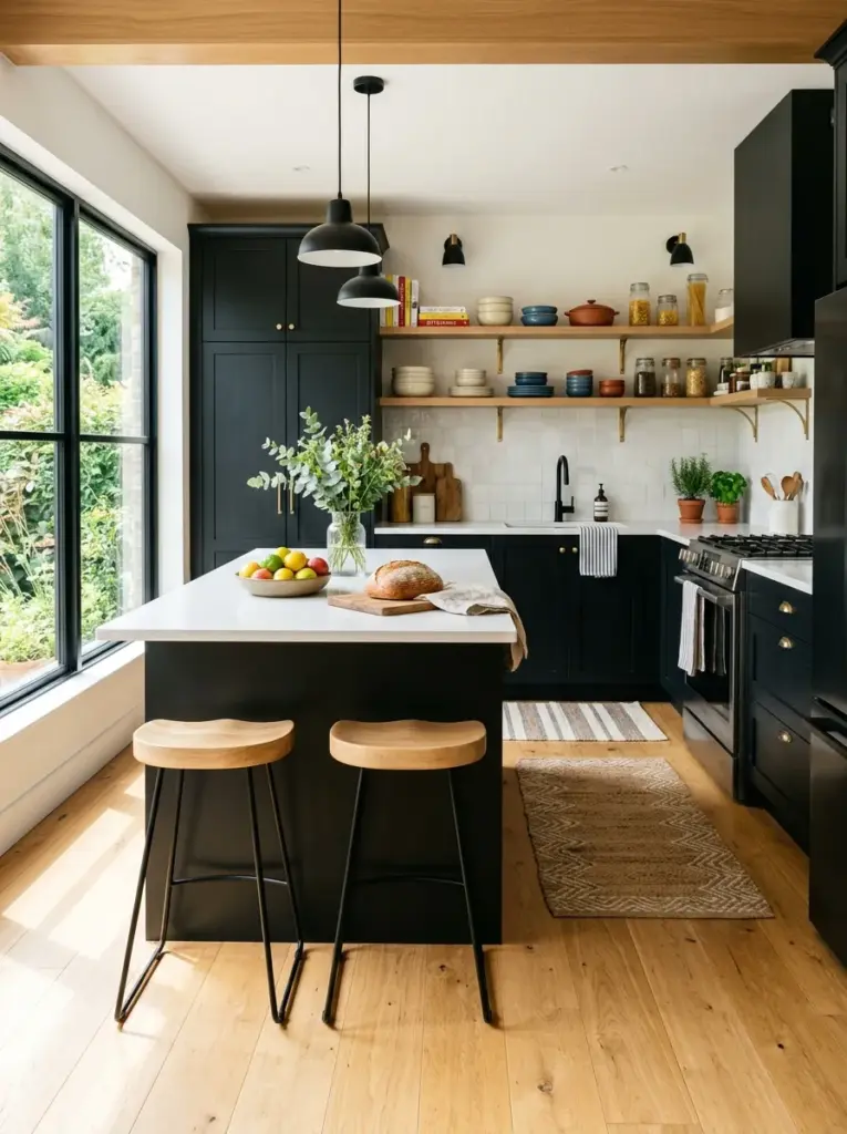 Bright real-life kitchen featuring matte black cabinets paired with light oak flooring, neatly made, beautifully arranged, organized, clean, bright natural light spreading across the floor from large side windows, vibrant colors, cozy modern family home, realistic stock photography, Pinterest aesthetic, ultra detailed, no render.