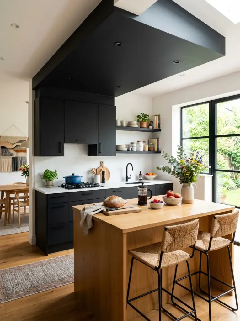 Ultra-realistic home kitchen with matte black ceiling accent above a modern kitchen, matching black cabinets, large side windows allowing bright natural light to wash across the ceiling, neatly made, beautifully arranged, organized, clean, vibrant colors, cozy family home, Pinterest-ready lifestyle photography, DSLR quality, realistic stock photo, not CGI.
