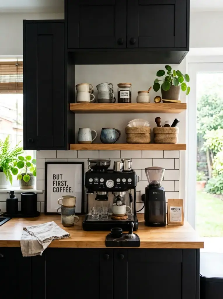 Real-life black kitchen coffee station with matte black cabinets, espresso machine, wooden floating shelves, ceramic mugs, woven baskets, neatly made, beautifully arranged, organized, clean, bright natural light illuminating the coffee corner from nearby window, vibrant colors, Pinterest aesthetic, premium home photography, highly realistic.