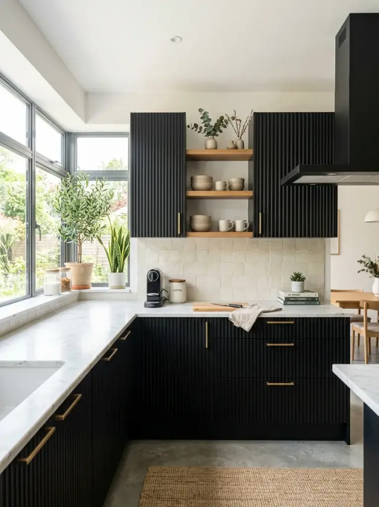 Modern kitchen with elegant fluted matte black cabinet doors, minimalist hardware, subtle textured cabinetry, neatly made, beautifully arranged, organized, clean, bright natural light flowing from wide windows emphasizing cabinet texture, vibrant colors, realistic residential photography, Pinterest-ready, DSLR, no people.