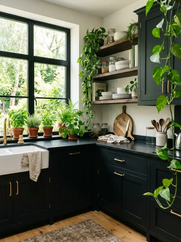Authentic black kitchen with matte black cabinets, fresh herbs, trailing pothos, leafy indoor plants near large windows, neatly made, beautifully arranged, organized, clean, bright natural light highlighting lush greenery, vibrant colors, Pinterest-ready lifestyle photography, ultra realistic, premium stock photo.