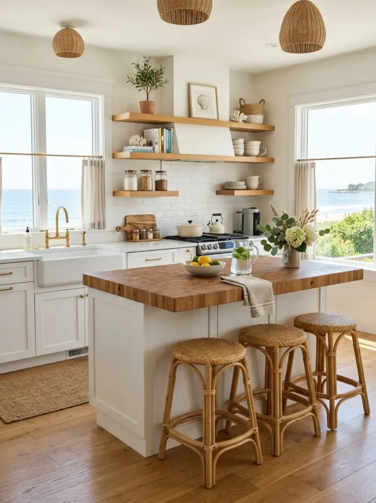 Ultra-realistic lifestyle photography of a bright coastal kitchen with white shaker cabinets, warm oak floating shelves, butcher block kitchen island, woven bar stools, linen curtains, subtle coastal decor, neatly made, beautifully arranged, organized, clean, bright natural light entering from large side windows, vibrant yet natural colors, authentic family home, Pinterest-worthy, premium stock photo, DSLR photography, ultra detailed, no people, not a 3D render.