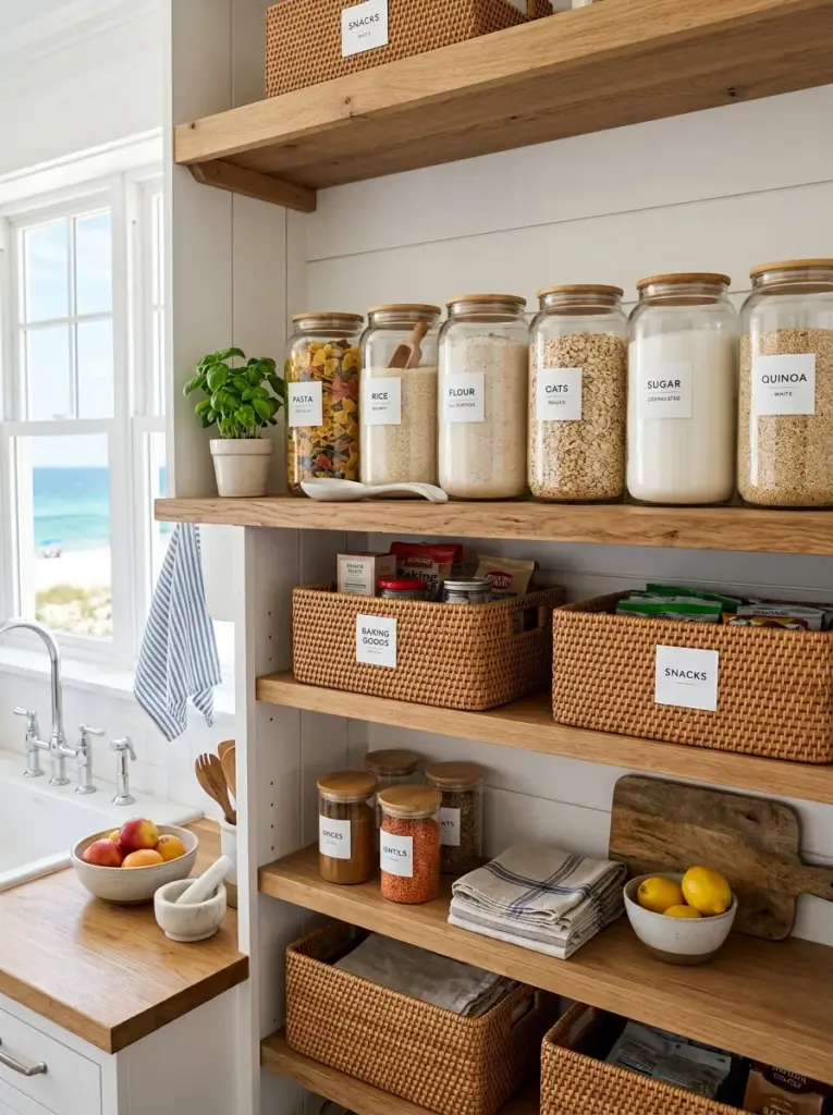 Bright coastal kitchen with oversized glass pantry jars filled with pasta, rice, flour and oats, displayed on wooden shelving with woven trays, neatly made, beautifully arranged, organized, clean, bright natural light illuminating the glass containers, vibrant natural colors, authentic family kitchen, Pinterest-ready premium stock photo, DSLR photography, ultra realistic, no people.