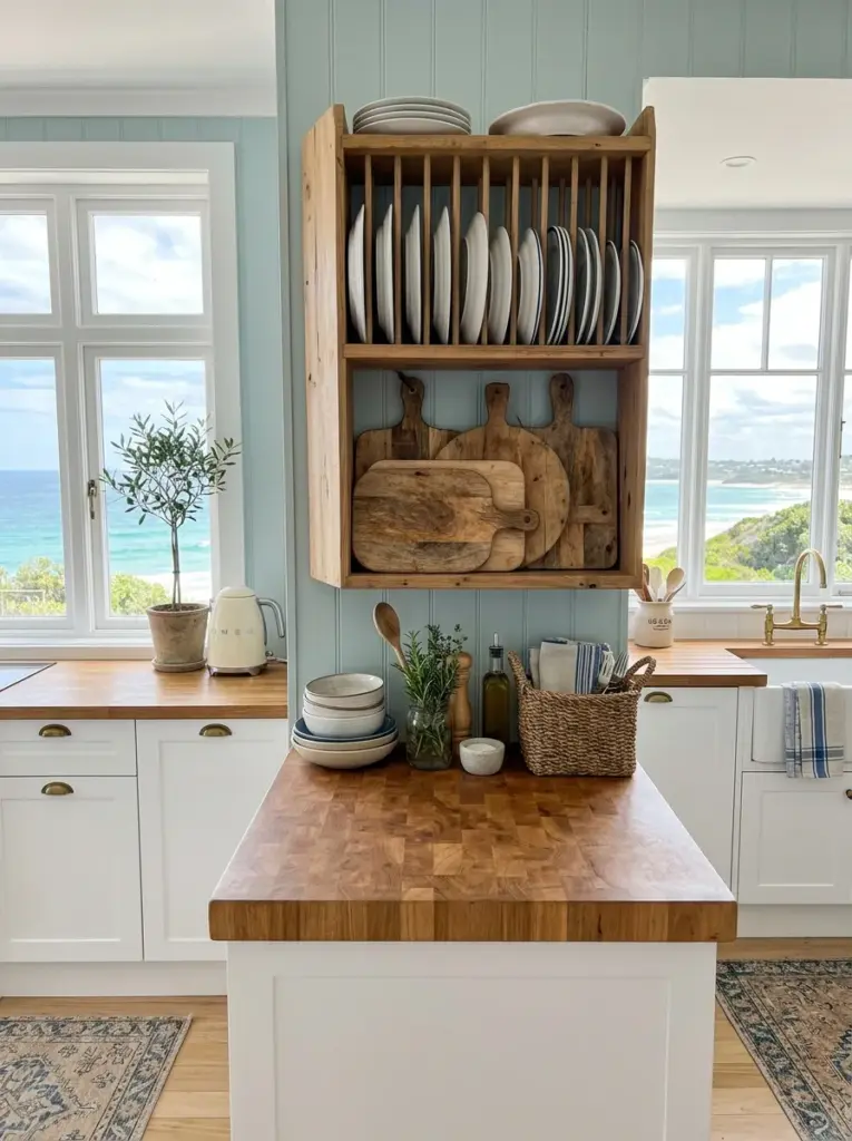 Ultra-realistic coastal kitchen with a slim wooden plate rack mounted above the countertop, neatly stacked white ceramic plates, wooden cutting boards, woven accents, neatly made, beautifully arranged, organized, clean, bright natural light streaming from nearby side windows, vibrant coastal colors, authentic lived-in family home, Pinterest-ready premium stock photography, DSLR quality, ultra detailed, no people, not a 3D render.