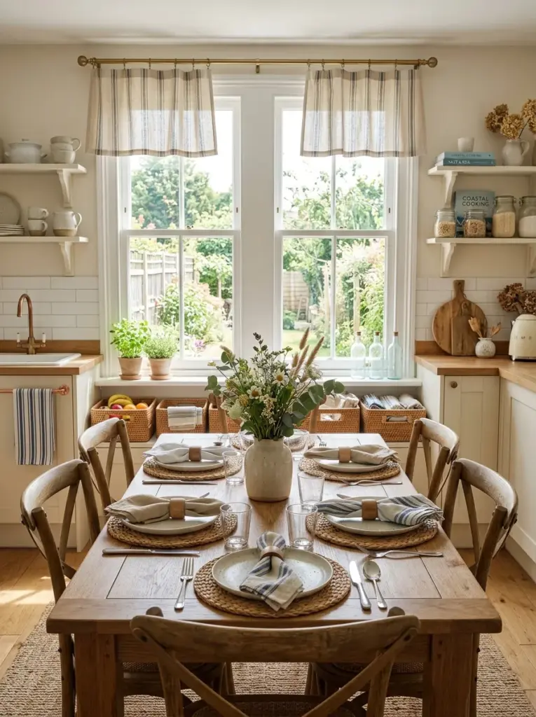 Authentic coastal kitchen featuring linen café curtains, woven placemats, cotton kitchen towels, rattan baskets, oak dining table, neatly made, beautifully arranged, organized, clean, bright natural light entering through wide windows, vibrant neutral tones, Pinterest-worthy real home photography, premium stock photo, DSLR, highly detailed, no people.