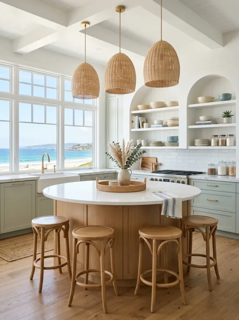 Real-life coastal kitchen with a cozy breakfast nook beside a large window, round oak table, built-in bench with linen cushions, neatly made, beautifully arranged, organized, clean, bright natural light flooding the seating area, vibrant coastal palette, authentic family home, Pinterest-ready stock photography, DSLR quality, ultra realistic, no people.