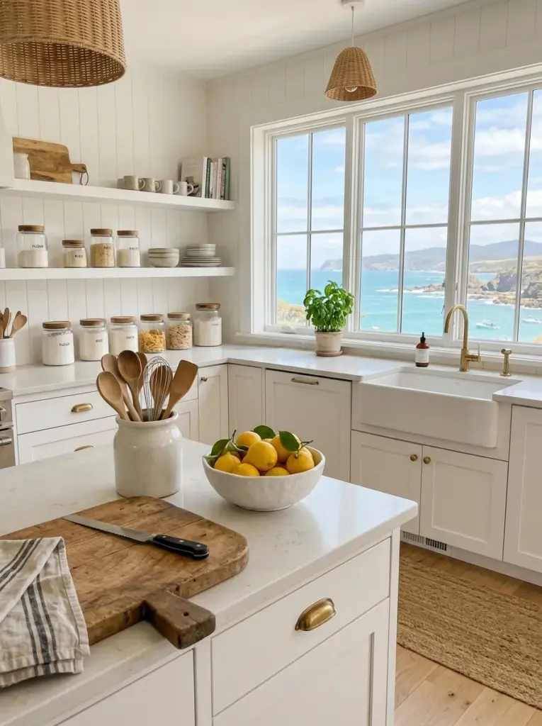 Ultra-realistic coastal kitchen with round wooden bar stools, softly curved pendant lights, arched shelving, circular serving trays, neatly made, beautifully arranged, organized, clean, bright natural light entering from expansive windows, vibrant natural colors, authentic beach-inspired home, Pinterest-ready premium stock photography, DSLR, highly detailed, no people.
