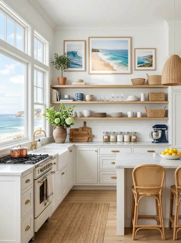 Bright coastal kitchen with intentionally minimal countertops, wooden cutting board, ceramic utensil crock, bowl of fresh lemons, hidden appliances, neatly made, beautifully arranged, organized, clean, bright natural light spreading evenly across the counters from large windows, vibrant fresh colors, authentic family home, Pinterest-ready stock photography, DSLR, ultra realistic, no people.