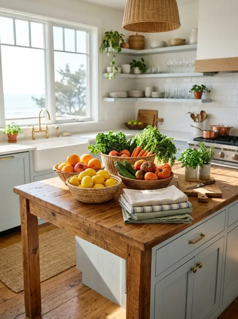 Ultra-realistic coastal kitchen with light oak framed ocean photography, white walls, natural wood shelving, woven textures, neatly made, beautifully arranged, organized, clean, bright natural light illuminating the artwork from nearby windows, vibrant yet elegant coastal colors, authentic family home, Pinterest-ready premium stock photography, DSLR quality, ultra detailed, no people.