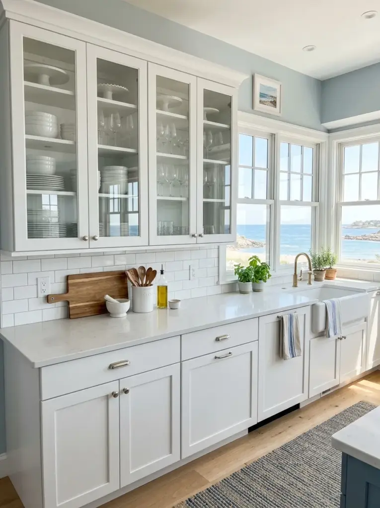 Authentic coastal kitchen with a warm wooden island styled with woven bowls of fresh lemons, oranges, peaches, vegetables, linen towels, neatly made, beautifully arranged, organized, clean, bright natural light pouring across the island from large side windows, vibrant seasonal colors, Pinterest-worthy real home photography, DSLR, ultra realistic, no people.