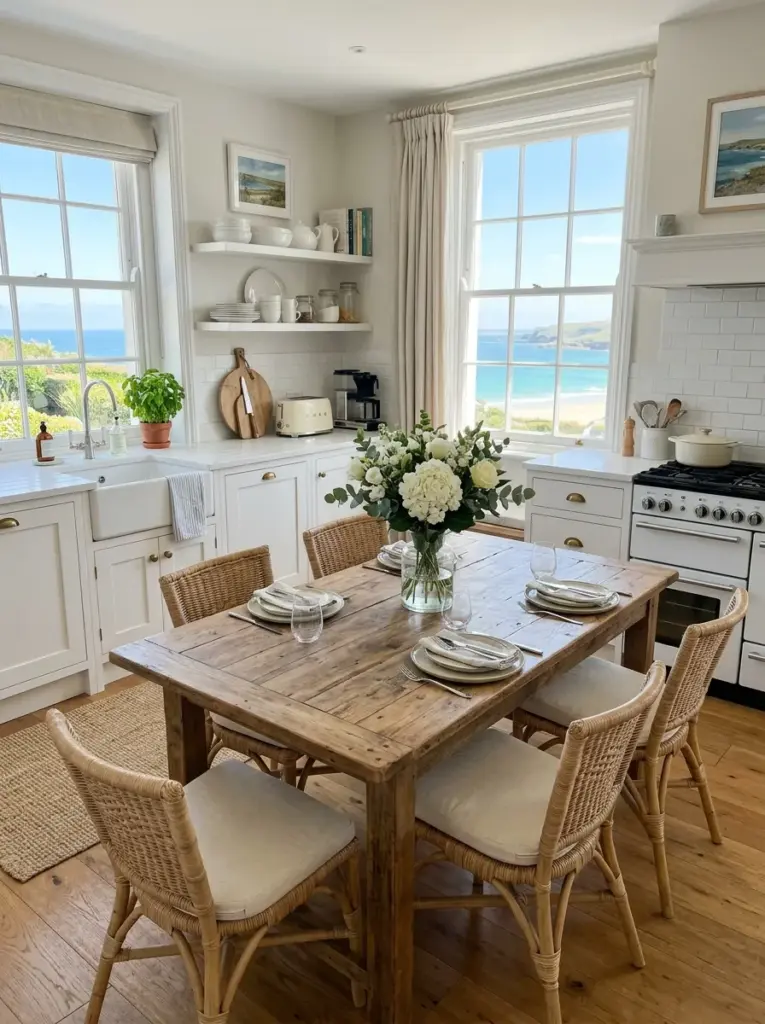 Real-life coastal kitchen with white glass-front upper cabinets displaying neatly stacked white dishes and glassware, neatly made, beautifully arranged, organized, clean, bright natural light reflecting through the glass doors from oversized windows, vibrant coastal palette, authentic family home, Pinterest-ready premium stock photography, DSLR quality, highly detailed, no people.