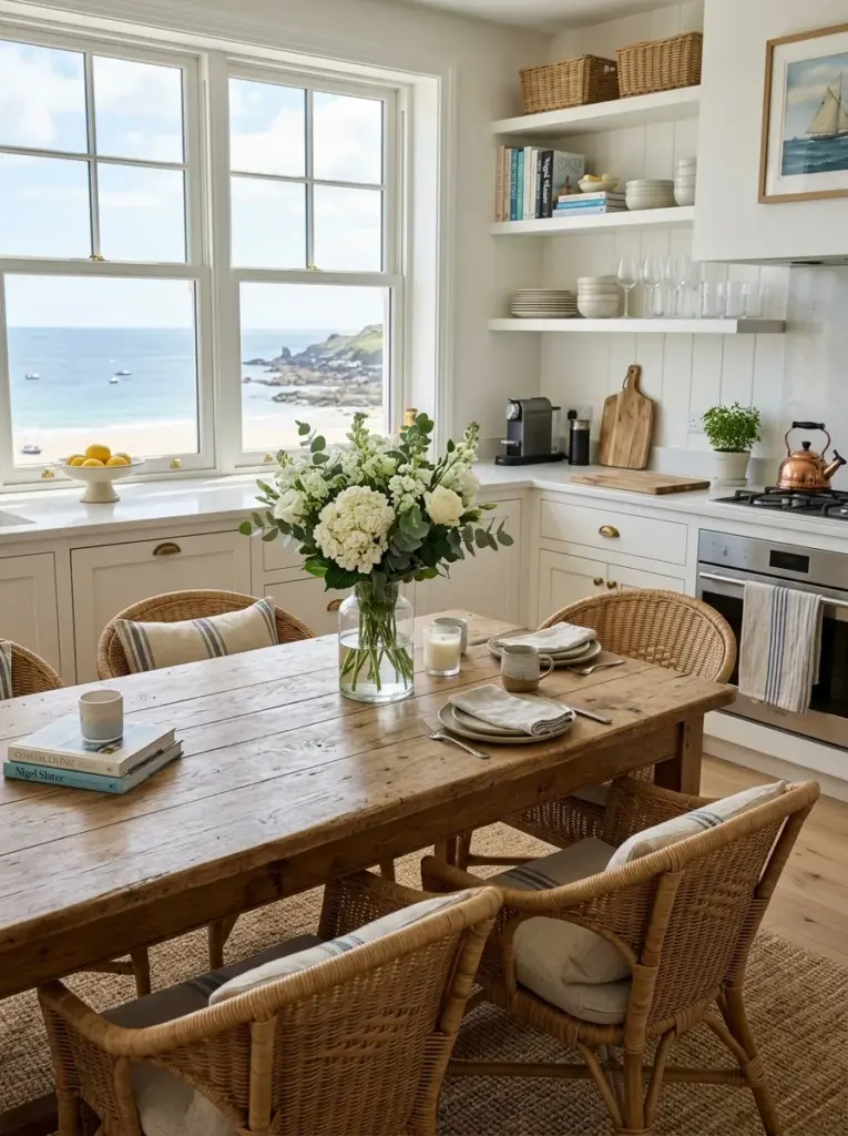 Ultra-realistic coastal kitchen dining area with a simple vase of fresh white flowers on a wooden table, woven chairs, white cabinetry, neatly made, beautifully arranged, organized, clean, bright natural light highlighting the flowers from nearby windows, vibrant fresh colors, authentic lived-in family home, Pinterest-ready premium stock photography, DSLR, ultra detailed, no people, not a 3D render.