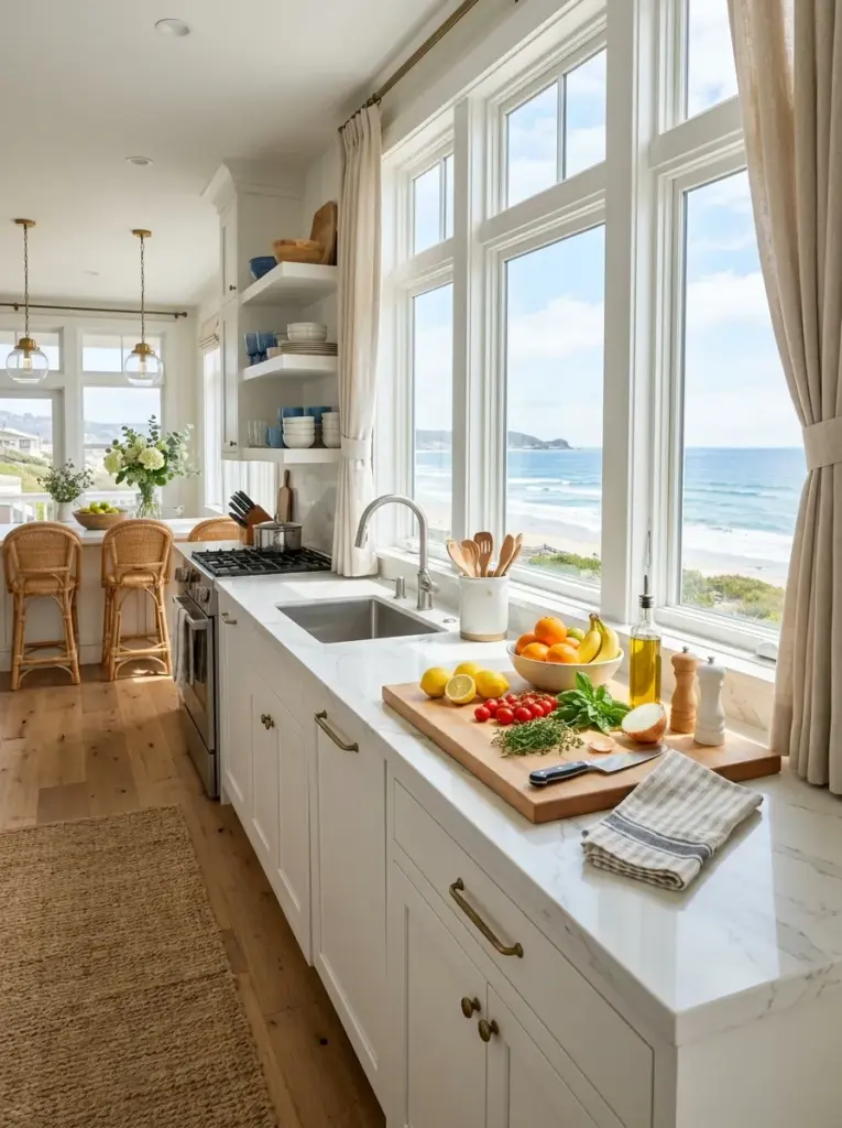 Ultra-realistic coastal kitchen with spacious prep counter positioned directly beside large windows, abundant sunlight flowing across white quartz countertops, neatly made, beautifully arranged, organized, clean, bright natural light, soft linen curtains, ocean-inspired color palette, vibrant colors, realistic family home, Pinterest-ready interior photography, premium stock photo, DSLR quality, highly detailed, no people, not CGI.