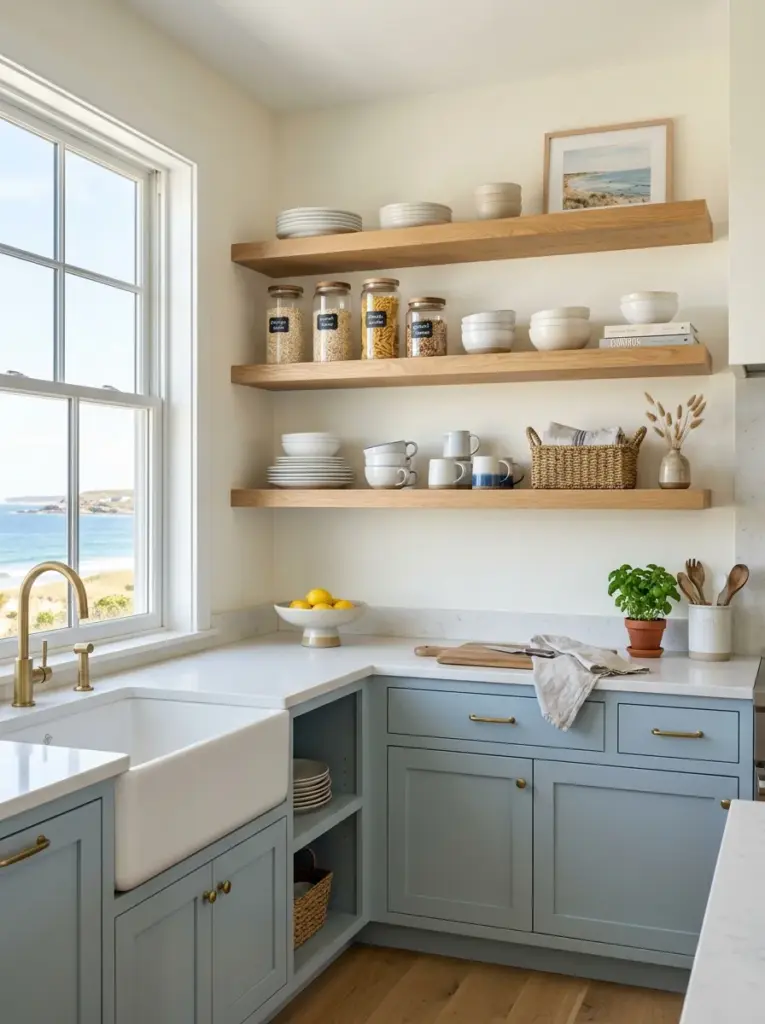 Real-life coastal kitchen featuring oak floating shelves displaying white ceramic plates, glass jars, neutral bowls, woven baskets, neatly made, beautifully arranged, organized, clean, bright natural light from nearby windows, vibrant coastal accents, authentic lived-in home, Pinterest aesthetic, premium stock photography, DSLR, ultra realistic, highly detailed, no people.