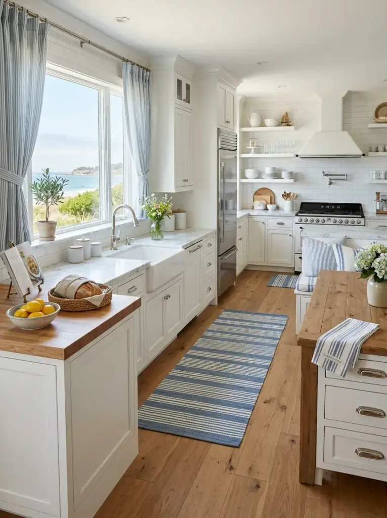 Beautiful coastal kitchen with white cabinetry, neutral finishes, soft blue linen curtains, striped runner rug, matching cushions and kitchen towels, neatly made, beautifully arranged, organized, clean, bright natural light filling the room, vibrant yet tasteful colors, authentic home environment, Pinterest-ready stock photo, DSLR photography, ultra realistic, no people.