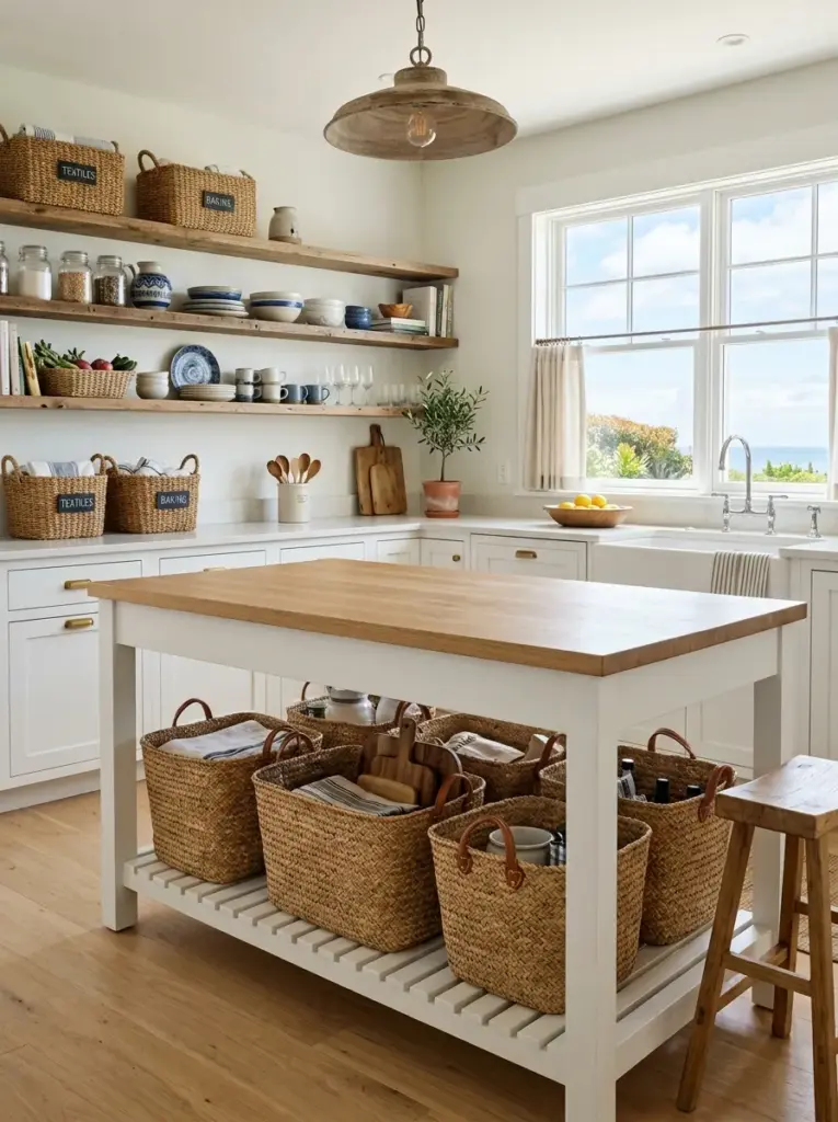 Authentic coastal kitchen with woven storage baskets beneath a kitchen island and inside open shelving, neatly made, beautifully arranged, organized, clean, bright natural light from wide windows, vibrant natural textures, airy coastal atmosphere, Pinterest-ready real home photography, premium stock photo, DSLR quality, ultra detailed, no people, not a render.
