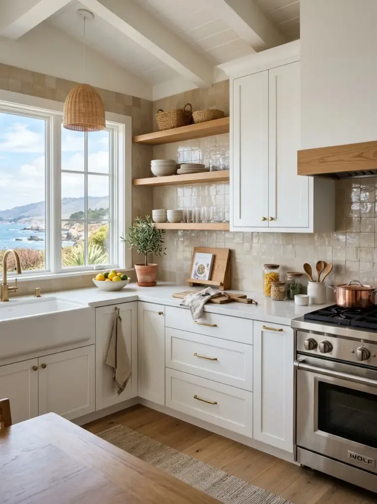 Ultra-realistic coastal kitchen with handcrafted sand-colored backsplash tiles, white shaker cabinets, warm oak accents, neatly made, beautifully arranged, organized, clean, bright natural light reflecting softly across the backsplash from large side windows, vibrant yet natural colors, authentic family home, Pinterest-ready premium stock photography, DSLR quality, ultra detailed, no people, not a 3D render.
