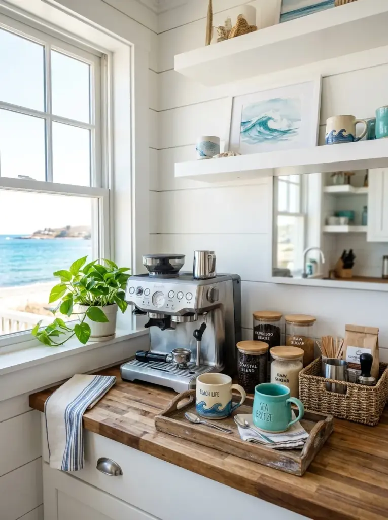 Real-life coastal kitchen coffee station with espresso machine, ceramic mugs, glass coffee jars, small wooden serving tray, woven basket, green plant, neatly made, beautifully arranged, organized, clean, bright natural light from nearby window, vibrant colors, authentic beach house atmosphere, Pinterest-worthy stock photography, DSLR, ultra realistic, highly detailed, no people.
