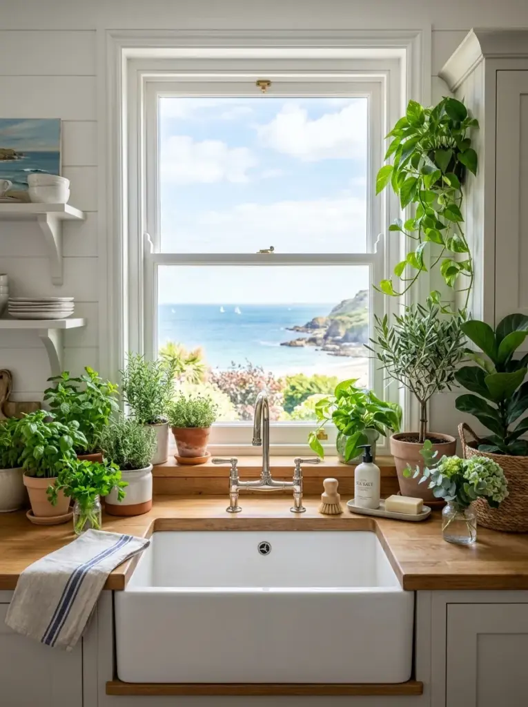 Authentic coastal kitchen sink positioned beneath a large window, fresh herbs and leafy plants framing both sides of the sink, neatly made, beautifully arranged, organized, clean, bright natural light pouring directly onto the sink area, vibrant green foliage, airy beach-inspired home, Pinterest-ready stock photo, DSLR photography, ultra realistic, no people.