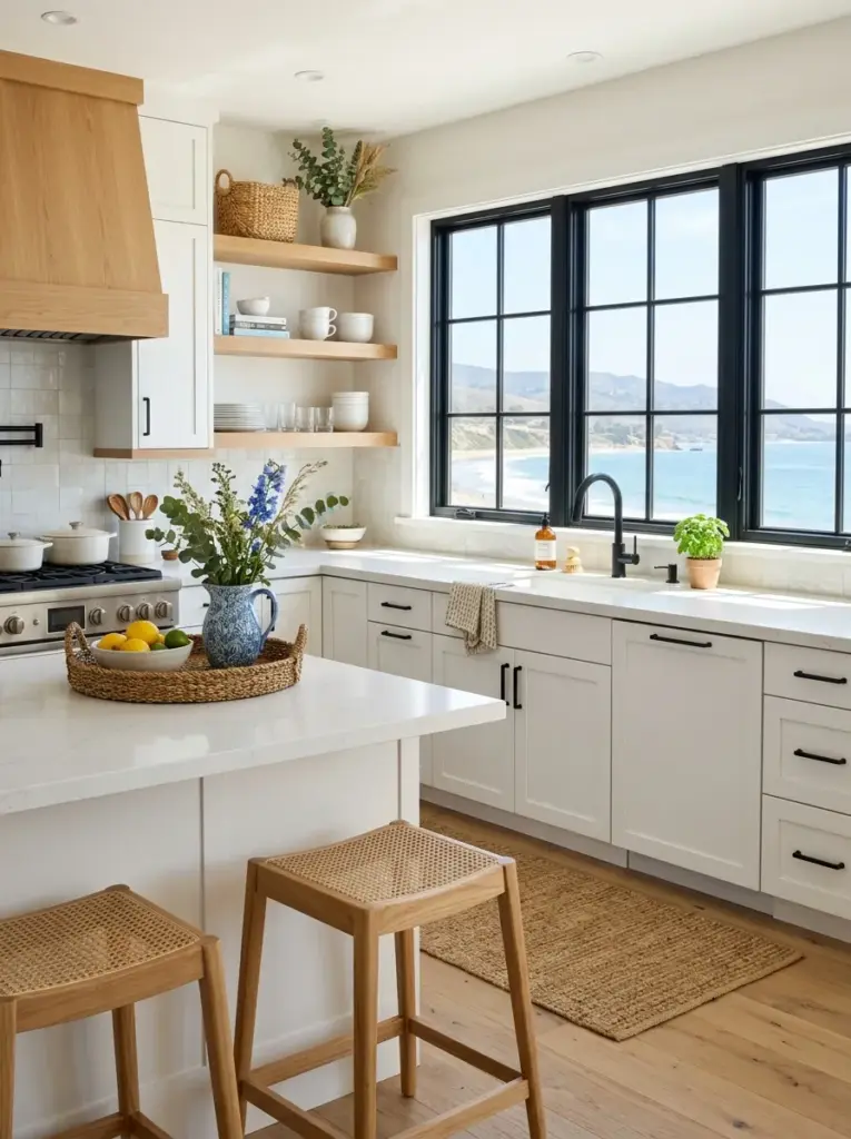 Ultra-realistic coastal kitchen with white cabinets, oak accents, matte black cabinet handles, black kitchen faucet, woven textures, neatly made, beautifully arranged, organized, clean, bright natural light entering from oversized windows, vibrant coastal palette, authentic home interior, Pinterest-quality stock photography, DSLR, highly detailed, no people.