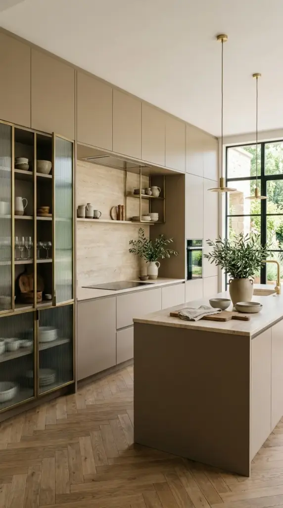 A sophisticated modern kitchen with flat-panel matte black cabinetry paired with rich walnut open shelving and matching walnut island panels, dramatic white marble waterfall countertops with bold veining, smoked glass pendant lights above the island, polished concrete flooring, concealed appliances, warm indirect lighting, minimalist styling with stone bowls and cookbooks, premium architectural photography, high-end custom home, realistic textures, no people, no branding.