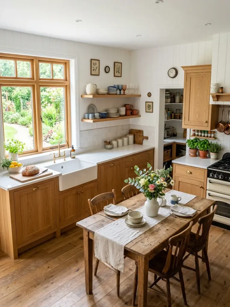 Real-life farmhouse kitchen with warm natural oak cabinets against crisp white walls, neatly made, beautifully arranged, organized, clean, vibrant colors, fresh greenery, ceramic dishes on open shelves, wooden dining table, subtle vintage accents, bright natural light streaming through large side windows, realistic photography, Pinterest-ready, premium stock photo, lived-in yet immaculate, highly detailed