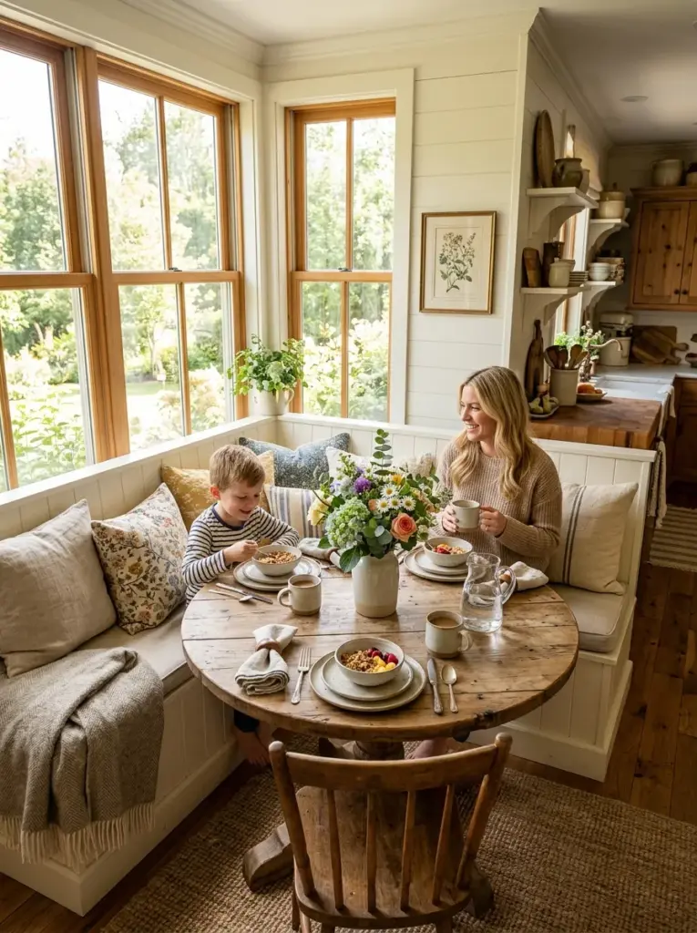 Real-life farmhouse kitchen breakfast nook with wooden bench seating, linen cushions, rustic dining table, fresh flowers, neatly made, beautifully arranged, organized, clean, vibrant colors, cozy family atmosphere, bright natural light flooding the breakfast corner through large surrounding windows, realistic photography, Pinterest-ready, premium stock photo