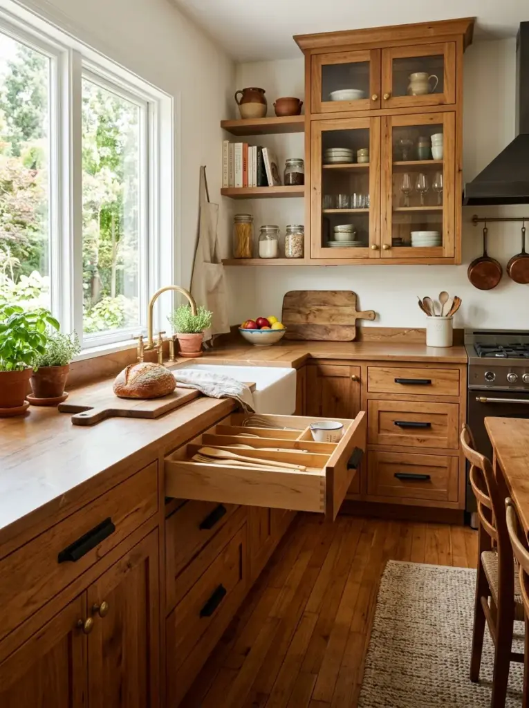 Real-life farmhouse kitchen featuring warm wooden cabinets with aged brass and matte black hardware, soft-close drawers slightly open, neatly made, beautifully arranged, organized, clean, vibrant colors, subtle vintage details, bright natural light reflecting across cabinet fronts from nearby windows, realistic photography, Pinterest-ready, premium stock photo