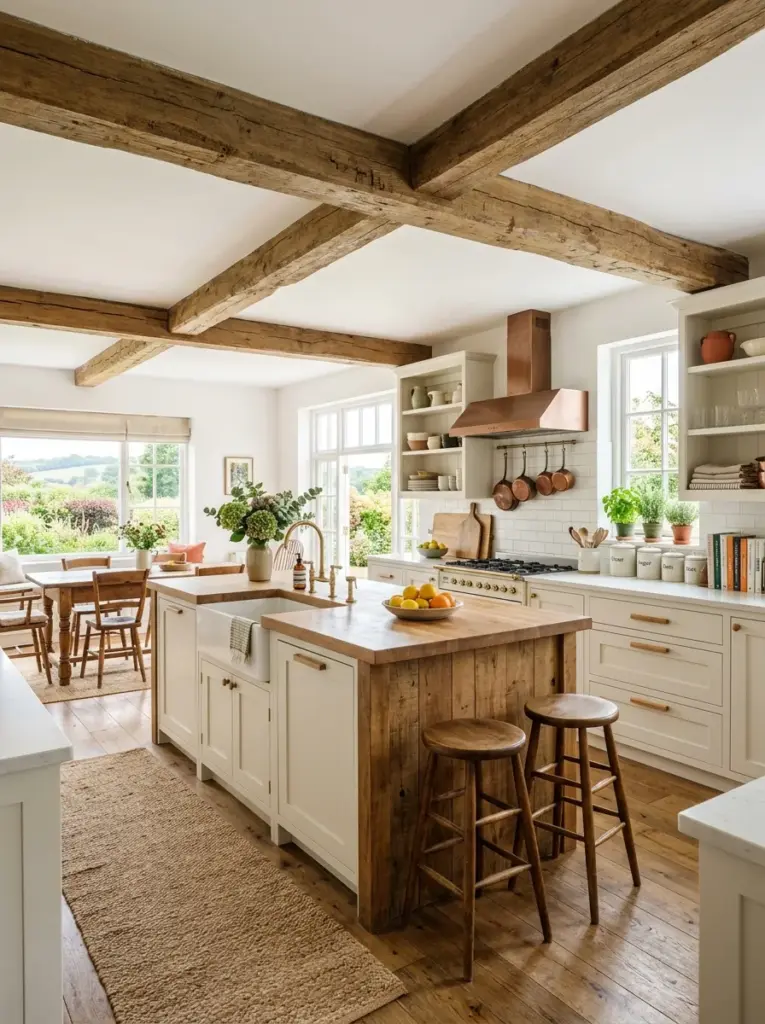 Real-life farmhouse kitchen with reclaimed wooden ceiling beams, white ceiling, light cabinetry, neatly made, beautifully arranged, organized, clean, vibrant earthy colors, spacious interior, bright natural light spreading evenly throughout the room from large surrounding windows, realistic stock photography, Pinterest-ready