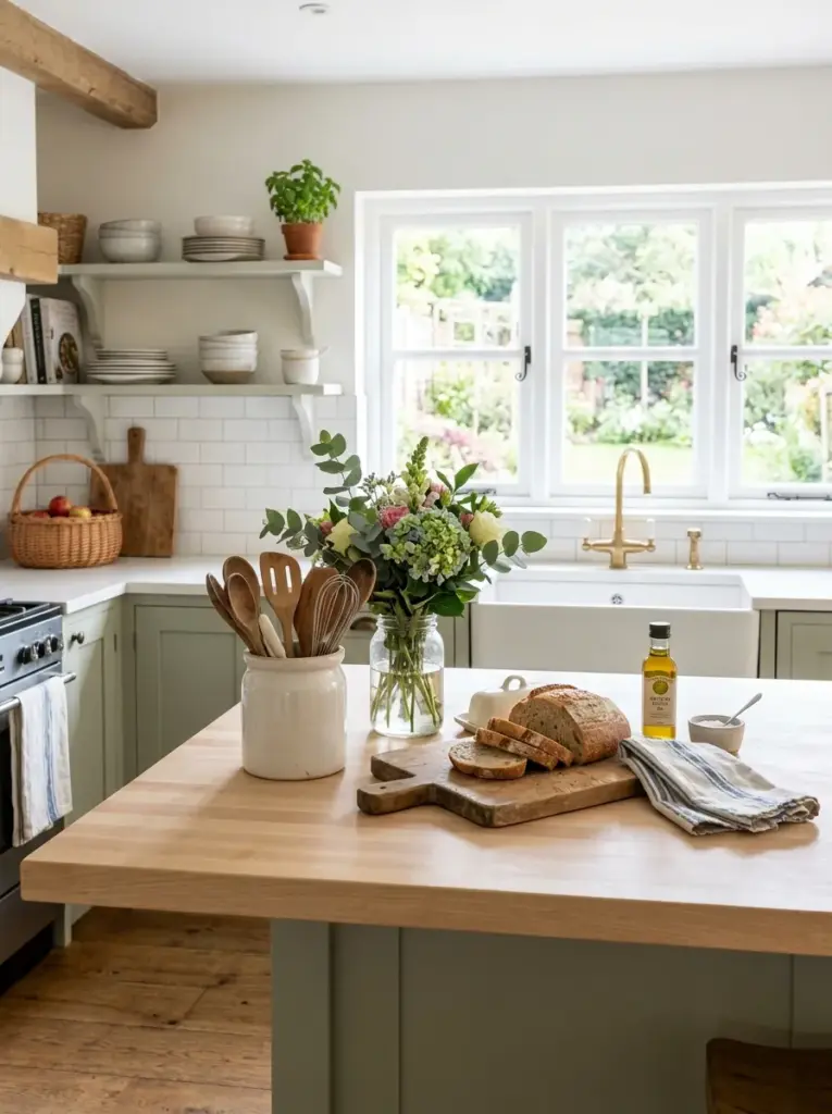 Real-life farmhouse kitchen with uncluttered countertops, wooden utensil holder, ceramic crock, fresh flowers, bread board, neatly made, beautifully arranged, organized, clean, vibrant colors, elegant simplicity, bright natural light emphasizing the clean countertop surfaces from wide windows, realistic photography, Pinterest-ready