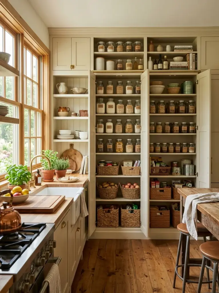 Real-life farmhouse kitchen with full-height pantry wall, organized shelves behind open doors, labeled jars, woven baskets, neatly made, beautifully arranged, organized, clean, vibrant colors, highly functional storage, bright natural light entering from nearby windows, realistic stock photography, Pinterest-ready, highly detailed