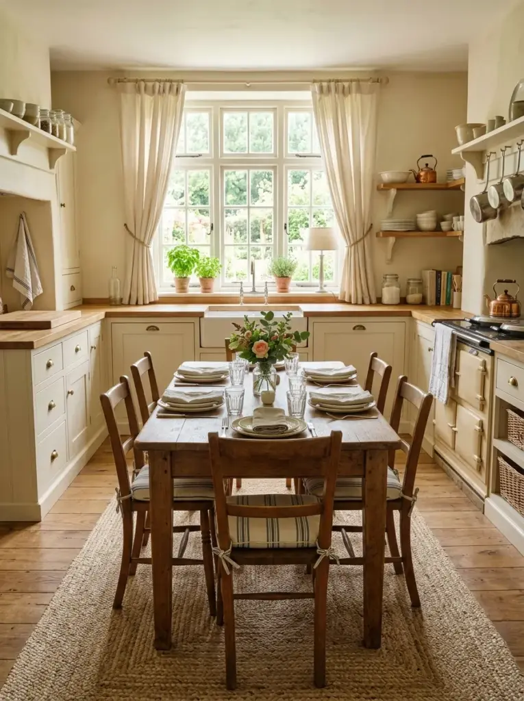 Real-life farmhouse kitchen with linen curtains, woven rug, cotton seat cushions, rustic wooden dining table, neatly made, beautifully arranged, organized, clean, vibrant warm neutral colors, cozy atmosphere, bright natural light filtering gently through large windows onto the natural fabrics, realistic photography, Pinterest-ready, premium stock photo