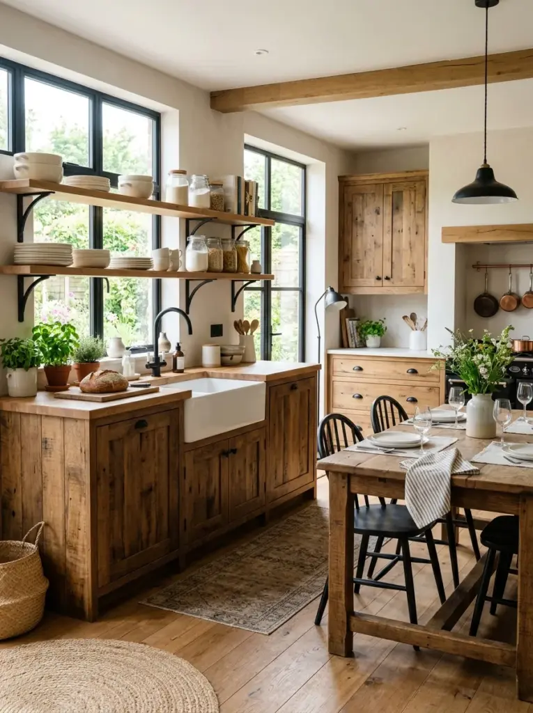 Real-life farmhouse kitchen with reclaimed wood cabinets, matte black faucet, black metal shelving brackets and dining chairs, neatly made, beautifully arranged, organized, clean, vibrant warm wood tones with bold black accents, bright natural light streaming through large side windows, realistic photography, premium stock photo, Pinterest-ready, highly detailed