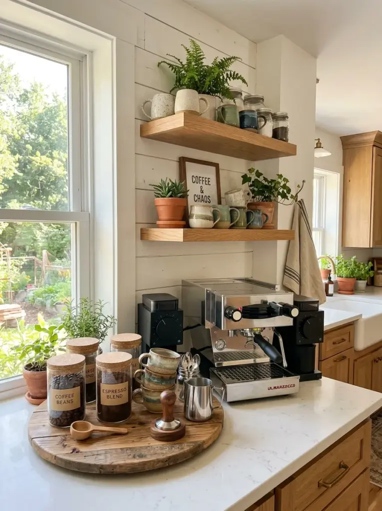Real-life farmhouse kitchen coffee station with espresso machine, ceramic mugs, labeled glass jars, wooden tray, floating shelves, neatly made, beautifully arranged, organized, clean, vibrant colors, cozy morning atmosphere, bright natural light illuminating the coffee corner from nearby windows, realistic stock photography, Pinterest-ready, highly detailed
