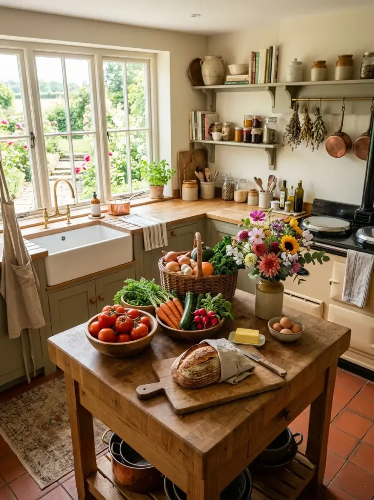 Real-life farmhouse kitchen with wooden bowls filled with fresh seasonal produce, woven baskets, artisan bread, fresh flowers, neatly made, beautifully arranged, organized, clean, vibrant natural colors, inviting family atmosphere, bright natural light filling the kitchen from large front-facing windows, realistic photography, premium stock photo, Pinterest-ready, highly detailed