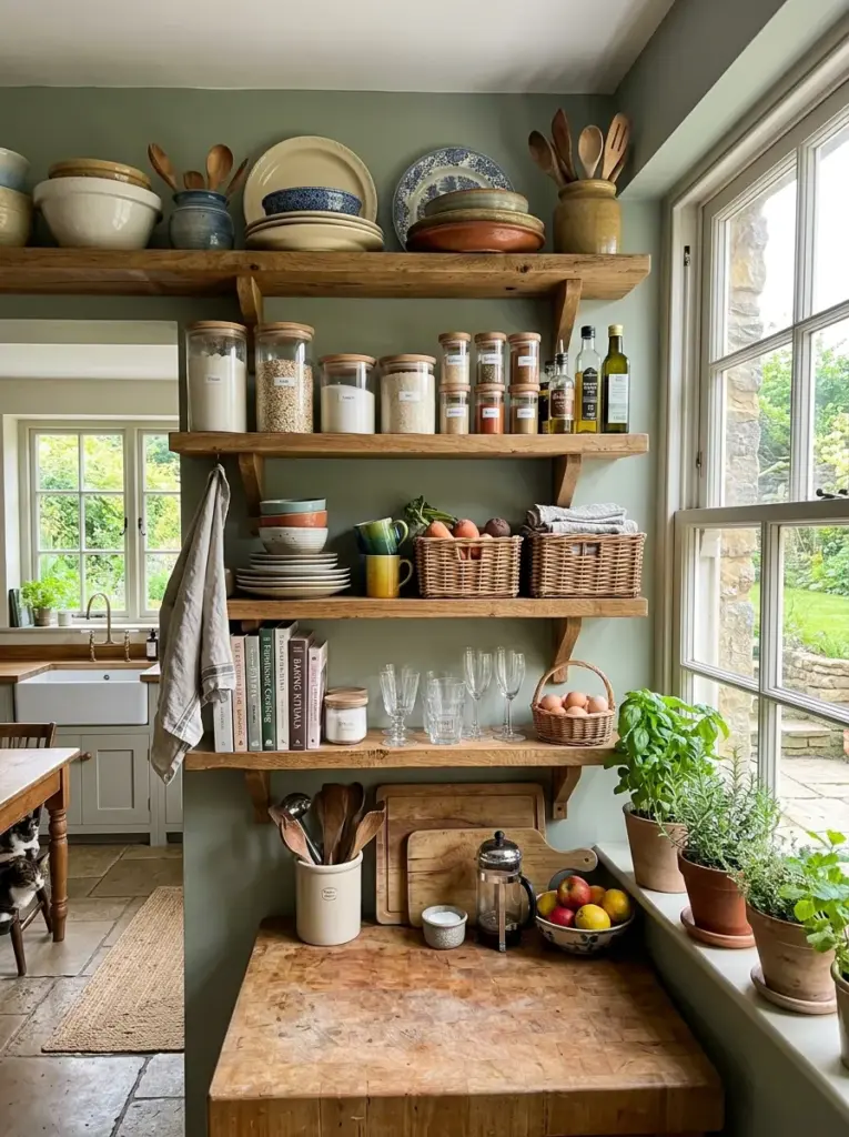 Real-life farmhouse kitchen featuring practical open wooden shelves with everyday dishes, glass storage jars, woven baskets, fresh herbs, neatly made, beautifully arranged, organized, clean, vibrant earthy colors, bright natural light from windows beside the shelving, realistic stock photography, cozy family atmosphere, Pinterest-ready, highly detailed