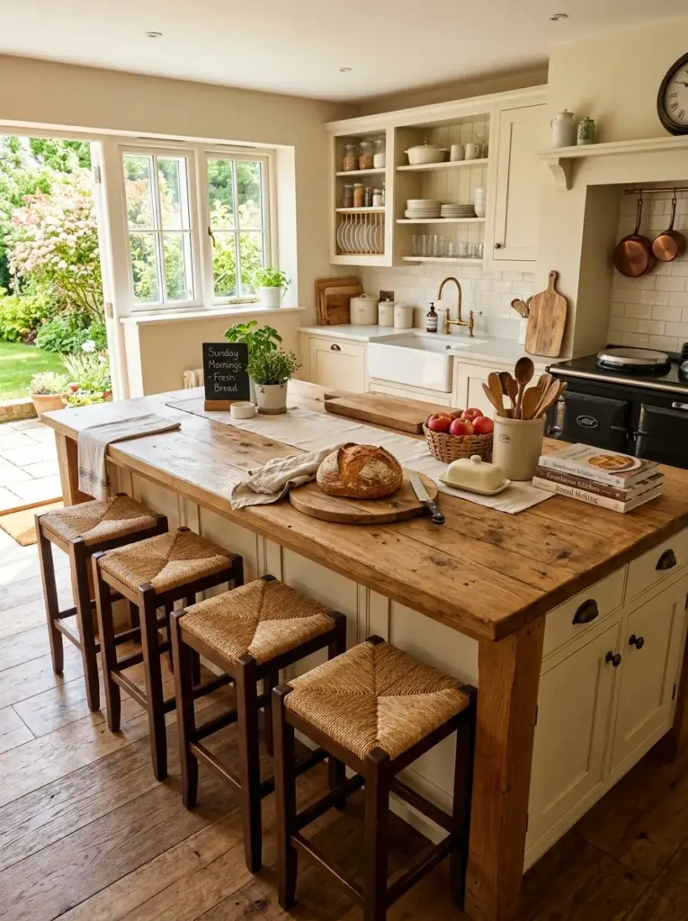 Real-life farmhouse kitchen with large wooden island, comfortable stools, hidden storage, fresh bread, cutting boards, neatly made, beautifully arranged, organized, clean, vibrant neutral palette, family-friendly atmosphere, bright natural light pouring across the island from wide nearby windows, realistic photography, Pinterest-ready, premium stock photo